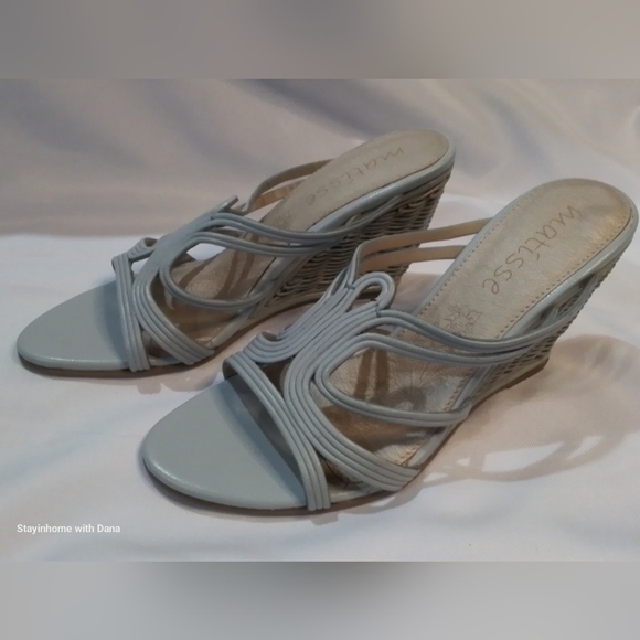 New MATISSE lt Blue WICKER Open Toe Wedge LEATHER Sandal sz 7.5 - Picture 4 of 7